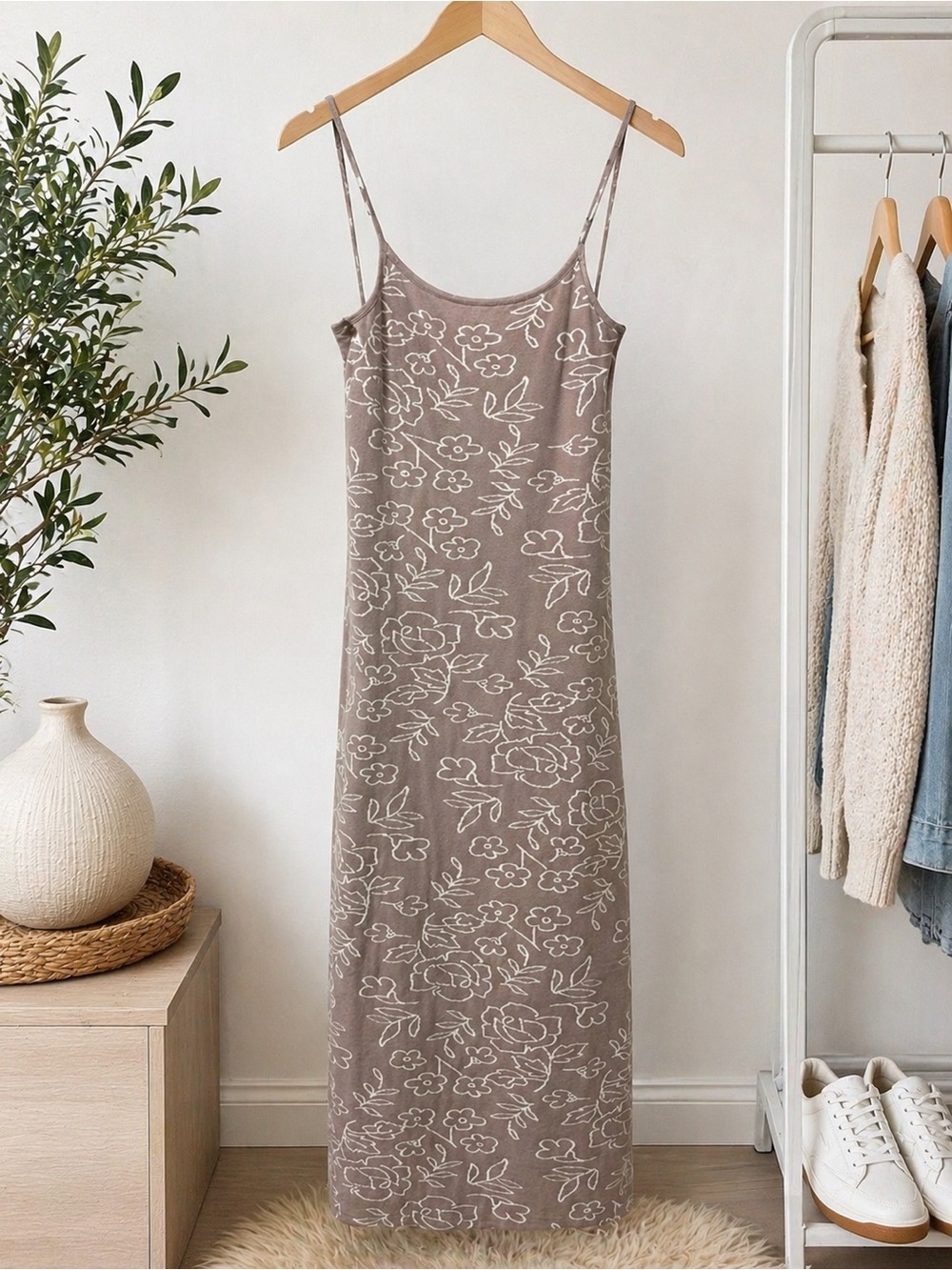 Taupe Floral Midi Slip Dress with Spaghetti Straps - Picture 2 of 6